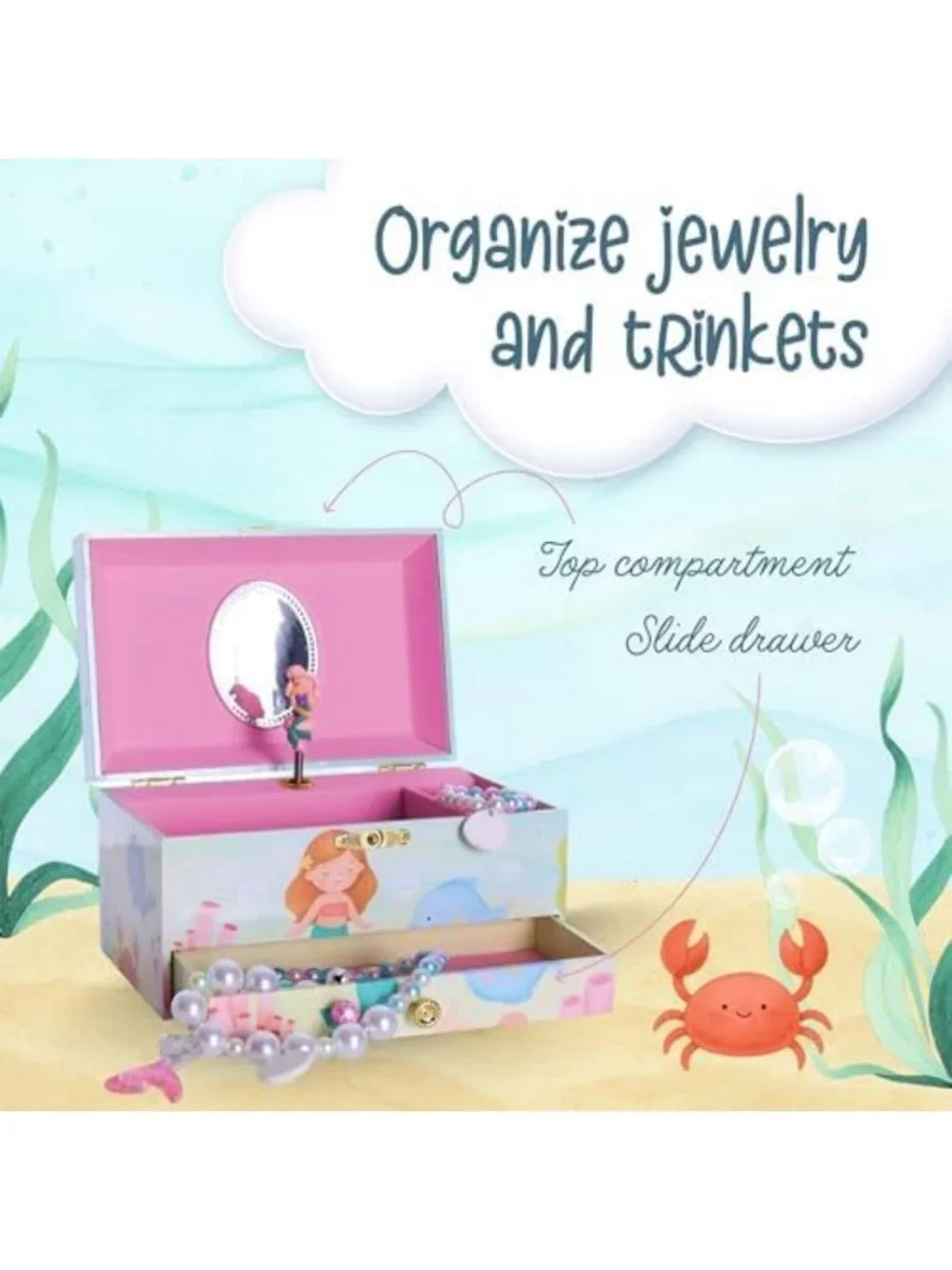 Mermaid Musical Jewelry Box for Kids - Classic Melody, Storage Organizer, 2